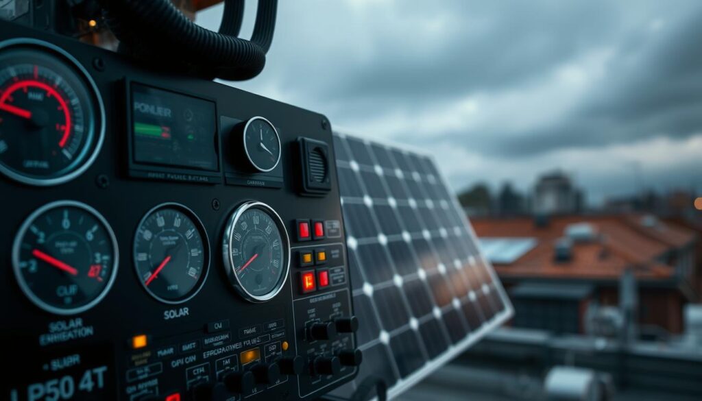 A detailed diagnostic panel displaying various system parameters and error indicators for a damaged solar power system. In the foreground, a high-resolution close-up of the control board, with gauges, switches, and LED indicators meticulously rendered. The middle ground showcases the solar panel itself, partially obscured by shadowing, hinting at the system malfunction. The background subtly depicts the surrounding environment, perhaps an industrial setting or a residential rooftop, establishing the context. The lighting is balanced, creating depth and emphasizing the technical components. The overall mood is one of analytical focus, inviting the viewer to examine the issue and consider the necessary steps for repair.