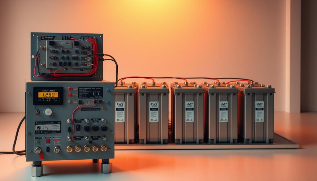 A detailed diagram of a battery balancing system, showcasing the intricate circuitry and connections between individual battery cells. The scene is bathed in warm, amber lighting, casting a soft glow on the metallic components. The foreground features the main control unit, its displays and indicators meticulously rendered. In the middle ground, the individual battery cells are neatly arranged, their state of charge and voltage levels clearly visible. The background depicts a clean, minimalist workspace, emphasizing the technical nature of the task at hand. The overall composition conveys the importance of proper battery balancing for optimal energy storage and management in solar power systems.