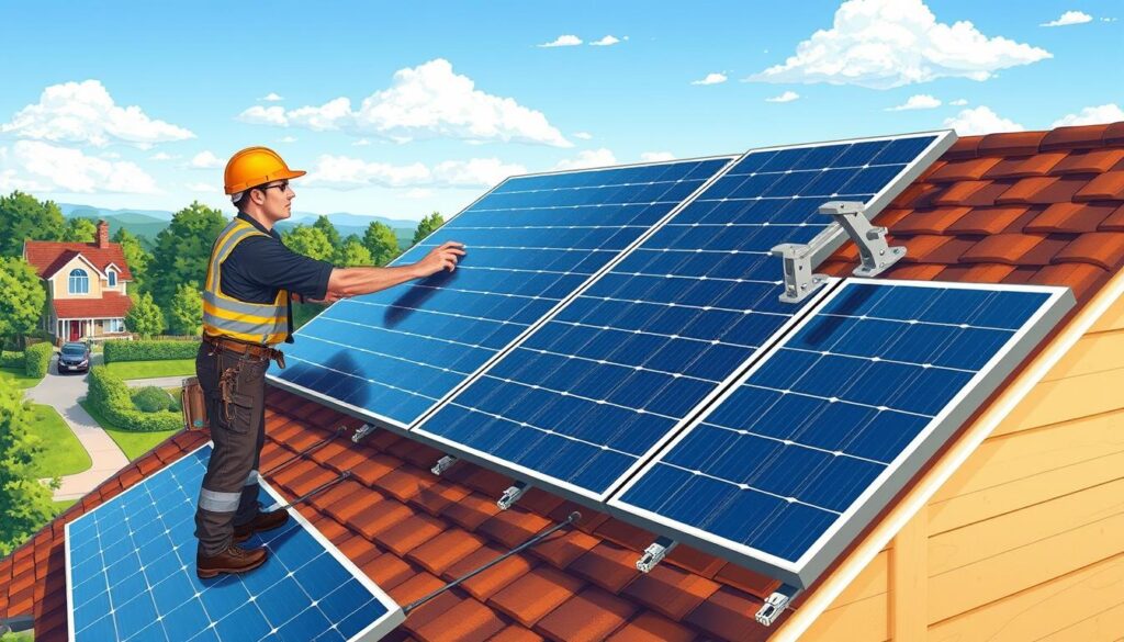 A detailed, step-by-step illustration of a technician securely fastening solar panels onto a residential rooftop. The scene shows the worker carefully positioning the panels, attaching them to the roof using specialized clamps and brackets, and ensuring a sturdy, weather-resistant installation. The background is a picturesque suburban setting with a clear blue sky, lush greenery, and the client's home in the distance. Warm, directional lighting casts natural shadows and highlights the textures of the roofing materials and solar panel components. The overall mood is one of professionalism, precision, and attention to detail, reflecting the care and expertise required for a successful solar panel installation.