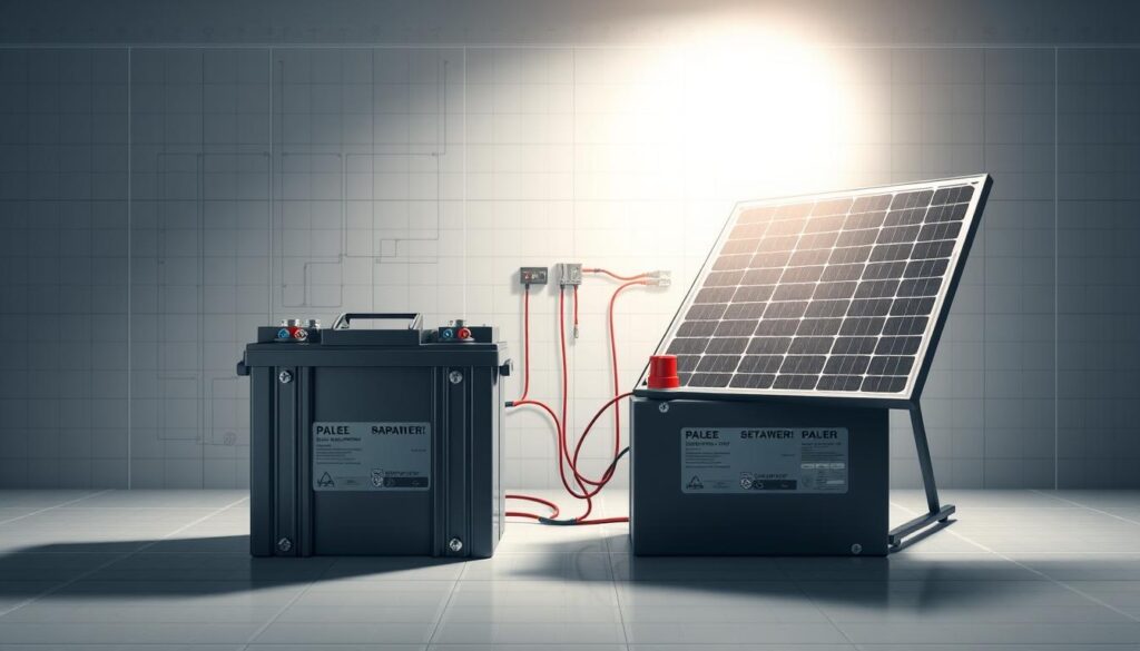 A detailed technical diagram showcasing a parallel battery-solar panel connection. The foreground features the battery and solar panel units, with clean lines and precise engineering. The middle ground shows the electrical connections between the components, with color-coded wiring and clear component labels. The background has a minimalist, blueprint-inspired setting, with subtle grid patterns and muted tones to emphasize the technical nature of the scene. Bright, directional lighting from the side casts dramatic shadows, highlighting the 3D depth and mechanical precision of the setup. The overall mood is one of thoughtful, functional design, inviting the viewer to better understand the intricacies of this parallel power system.