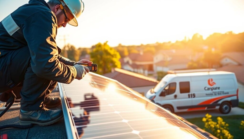 A solar panel technician skillfully repairing a damaged solar panel on a residential rooftop, bathed in warm, golden afternoon sunlight. The technician, wearing a uniform and safety gear, is using specialized tools to diagnose and fix the issue. In the middle ground, a van with the company's branding is visible, and the background shows a picturesque suburban neighborhood with lush greenery. The scene conveys professionalism, attention to detail, and a commitment to providing quality solar panel repair services.