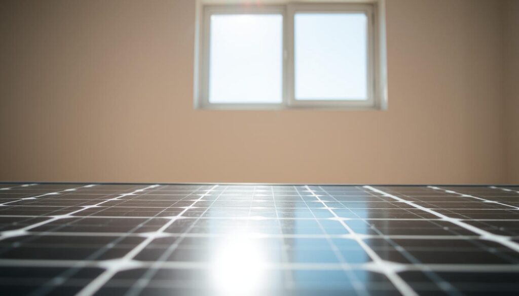 A solar panel with a visible crack or damage, illuminated by natural sunlight streaming through a window. The panel is the focal point, positioned in the center of the frame, with a clean, minimalist background to draw the viewer's attention. The lighting casts subtle shadows, highlighting the panel's texture and materiality. The angle is slightly elevated, providing a clear view of the panel's surface and any potential leaks or defects. The overall mood is one of close inspection and careful examination, conveying the need to identify and address issues with the solar panel.