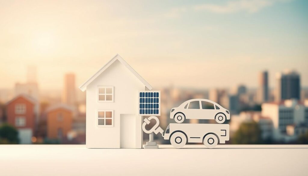 A visually striking composition depicting the concept of "aides cumulables" (cumulative benefits) in the context of the EDF zero-interest loan. A clean, minimalist foreground showcases various financial aid icons - a house, a solar panel, an electric vehicle - arranged in an overlapping, stacked formation, symbolizing the layered and combinable nature of these subsidies. The middle ground features a soft, blurred background of architectural elements and cityscapes, hinting at the residential and infrastructural applications of the EDF loan. Warm, diffused lighting bathes the scene, creating a sense of approachability and accessibility. The overall aesthetic is sleek, modern, and inviting, reflecting the accessible and user-friendly aspects of the EDF zero-interest loan program.