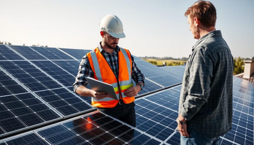 A well-lit, high-quality photograph of a professional solar panel installer inspecting and measuring a residential solar panel system, with the homeowner observing. The installer is wearing a hard hat, safety vest, and carrying a clipboard. The solar panels are mounted on the rooftop, with the surrounding landscape visible in the background, suggesting a suburban or rural setting. The lighting is natural, with soft shadows and highlights accentuating the details of the scene. The image conveys a sense of expertise, diligence, and collaboration between the installer and the homeowner.