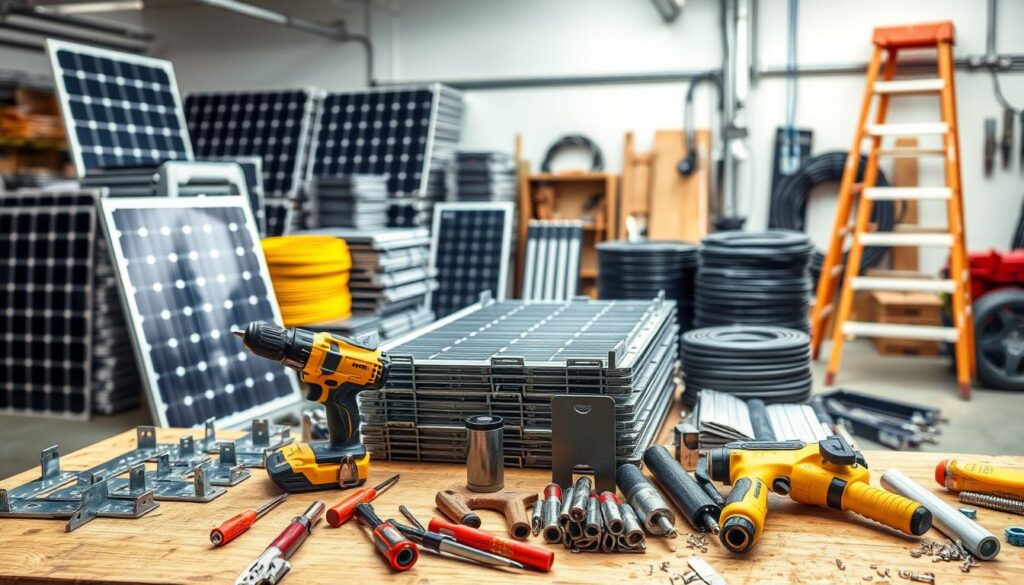 A well-lit workshop setting, showcasing an assortment of tools and materials necessary for solar panel installation. In the foreground, a set of power drills, screwdrivers, and a caulking gun arranged neatly on a workbench. In the middle ground, various metal brackets, mounting rails, and fasteners, each clearly visible and ready for use. The background features stacks of solar panels, coils of electrical cables, and a ladder, indicating the scale and complexity of the installation process. The overall scene conveys a sense of professional expertise and attention to detail, perfectly suited for illustrating the "Tools and Materials" section of the solar panel installation guide.