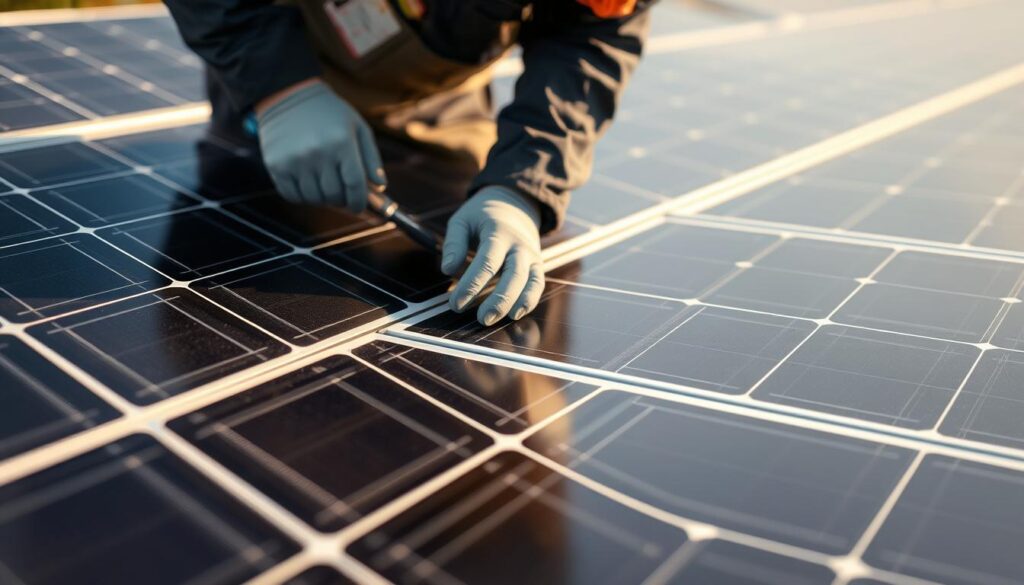 Maintenance of solar panels, a detailed close-up view. A technician inspecting the panels, examining the connections and checking for any dirt or debris. Warm afternoon sunlight casts soft shadows, highlighting the intricate components. The panels are positioned at a slight angle, optimizing the angle of the sun's rays. The background is blurred, keeping the focus on the meticulously maintained solar array. Crisp, high-resolution details showcase the importance of regular upkeep to extend the lifespan of this renewable energy system.