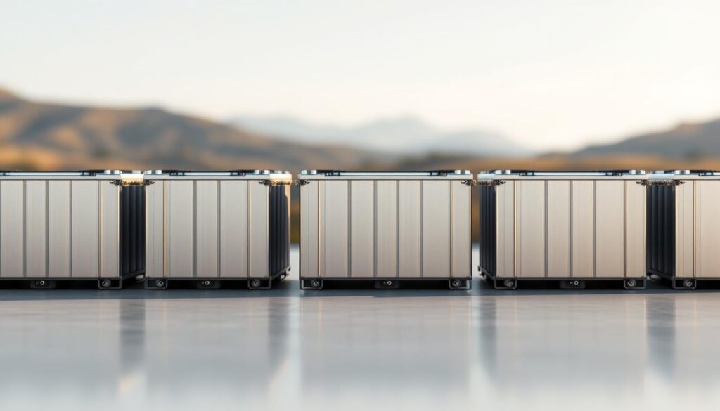 A close-up view of several high-capacity solar batteries arranged in a neat grid, their sleek metallic casings gleaming under soft, diffused lighting. The batteries are positioned atop a smooth, reflective surface, creating an elegant and minimalist composition. In the background, a softly blurred landscape suggests a serene, natural setting, hinting at the batteries' role in powering sustainable off-grid adventures. The overall mood is one of efficiency, innovation, and environmental harmony, perfectly capturing the essence of "Batteries solaires : stocker l'énergie efficacement."