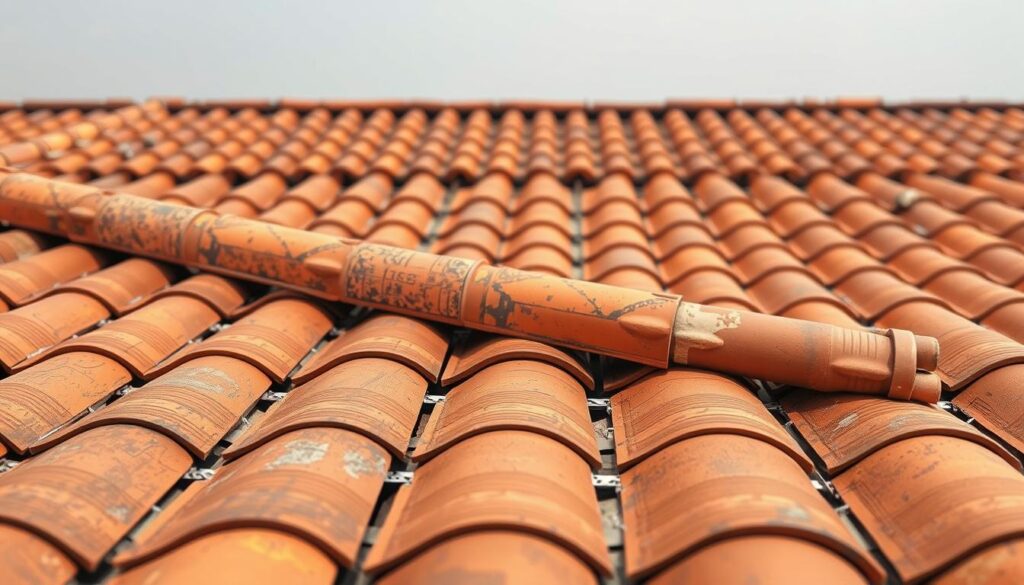 A detailed rooftop scene featuring French tiled roofing standards. In the foreground, a close-up view of precisely laid terracotta roof tiles, each with intricate patterns and textures. In the middle ground, a broader perspective showcases the overall rooftop structure, with clean lines and symmetrical tile placement. The background gradually transitions to a soft, hazy sky, creating a sense of depth and atmosphere. The lighting is natural and diffused, casting gentle shadows that accentuate the dimensional qualities of the tiles. The composition emphasizes the technical precision and aesthetic appeal of the traditional French tiled roofing system, suitable for illustrating the essential standards for solar panel installation on such roofs.