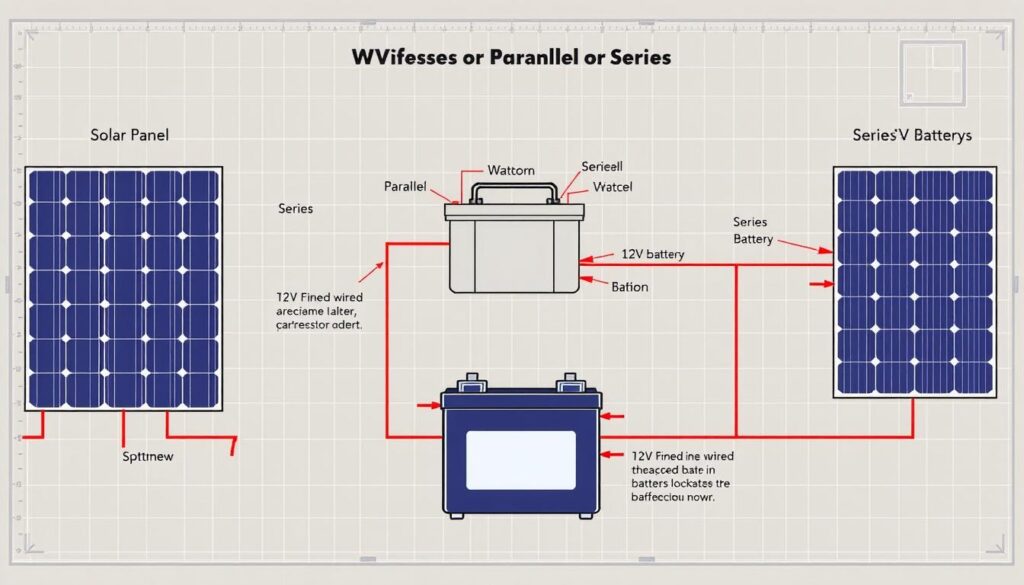A detailed schematic diagram of a parallel and series configuration for connecting solar panels to a 12V battery. The foreground shows two solar panels, one wired in parallel and one in series, with clear labeling of the voltage and current flows. The middle ground depicts the 12V battery, with detailed connections showing how the parallel and series configurations charge the battery differently. The background features a neutral-toned technical blueprint style, with precise measurements and annotations explaining the key differences between the two setups. The overall mood is informative and technically precise, conveying the important concepts clearly through a well-designed visual aid.