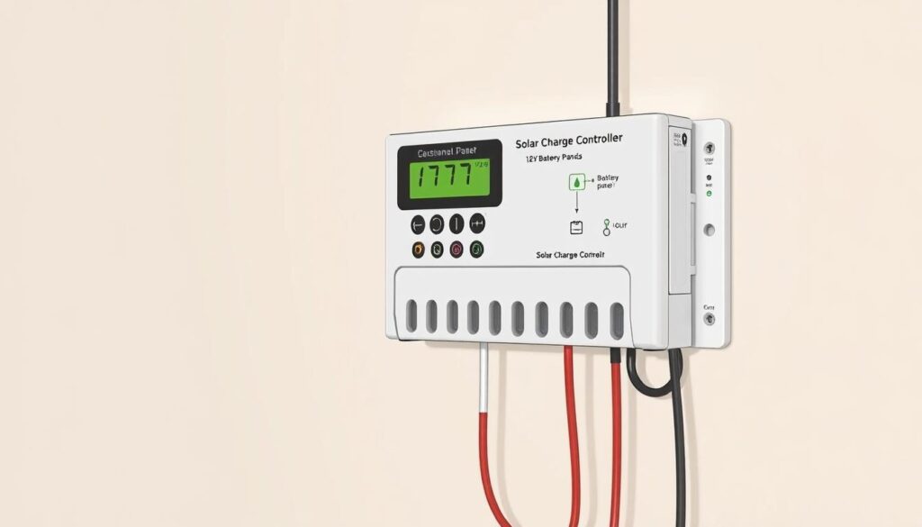 A detailed, technical illustration of a solar charge controller mounted on a wall, with a 12V battery bank and solar panel connections visible. The controller features a digital display, various ports, and control knobs. The scene is brightly lit, with a clean, minimalist aesthetic that emphasizes the device's functionality. The background is a neutral, light-colored wall, allowing the charge controller to be the focal point. The overall mood is one of precision, order, and professionalism, reflecting the step-by-step installation process described in the article.