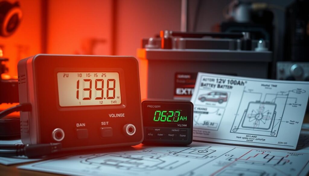 A precision digital voltmeter displays the battery charge level, surrounded by technical diagrams and schematics illustrating the charging process. The scene is bathed in a warm, ambient light, conveying a sense of scientific inquiry and problem-solving. In the background, a 12V, 100Ah battery stands prominently, its size and capacity underscoring the importance of accurately calculating the charging time. The composition emphasizes the analytical and methodical nature of the task, inviting the viewer to engage with the subject matter.
