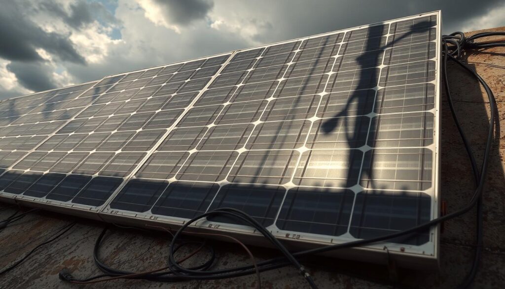 A solar panel array casting dynamic shadows on a weathered concrete surface, partially obscured by tangled cables and wires. The panels appear worn, with visible blemishes and distortions, symbolizing the limitations of amorphous solar technology. The lighting is harsh, creating high-contrast highlights and deep shadows, evoking a sense of struggle and inefficiency. In the background, a cloudy sky hints at the panel's dependence on unpredictable environmental conditions. The overall composition conveys the inconveniences and drawbacks associated with amorphous solar panels.