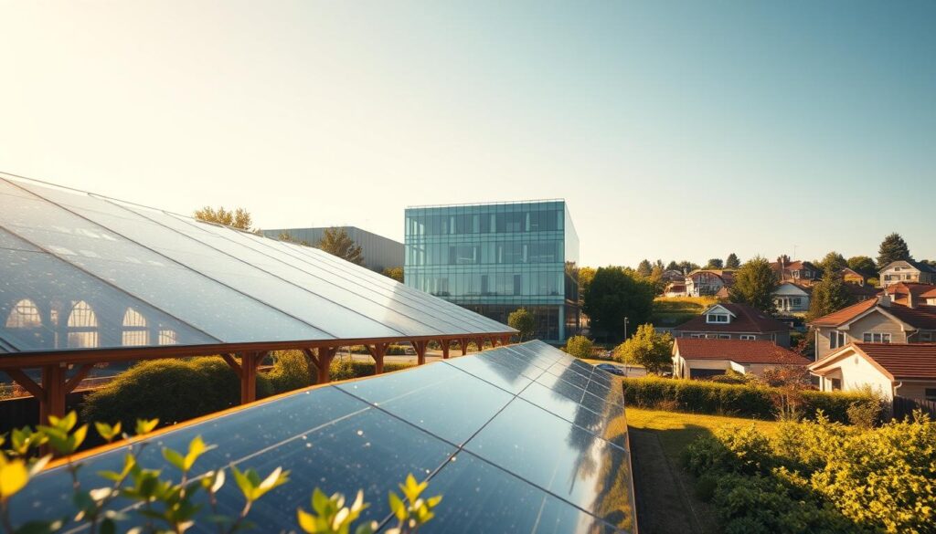 A tranquil, sun-drenched scene depicting various applications of transparent solar panels. In the foreground, a greenhouse with translucent solar roofing, allowing natural light to filter through while generating renewable energy. In the middle ground, a modern glass-walled office building, its facade adorned with semi-transparent solar cells that blend seamlessly with the architecture. Further back, a picturesque residential neighborhood, where homes sport transparent solar panels integrated into their windows, generating electricity without obstructing the view. The scene is bathed in a warm, golden glow, conveying the harmony between renewable technology and sustainable living. The overall atmosphere is one of innovation, efficiency, and a future where clean energy is seamlessly integrated into our everyday environments.