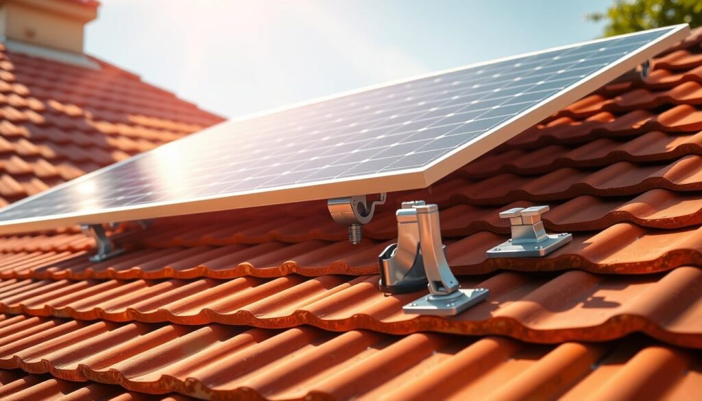 A well-designed solar panel mounting kit, featuring a robust metal frame, secure clamps, and sturdy attachment points for seamless installation on tiled roofs. The kit is expertly engineered to provide a clean, low-profile look, blending harmoniously with the traditional roofing materials. Sunlight casts a warm, natural glow across the scene, illuminating the sleek, weatherproof components. The composition showcases the kit's versatility, adaptability, and ease of use, making it an ideal choice for homeowners seeking to harness the power of renewable energy while preserving the aesthetic integrity of their property.