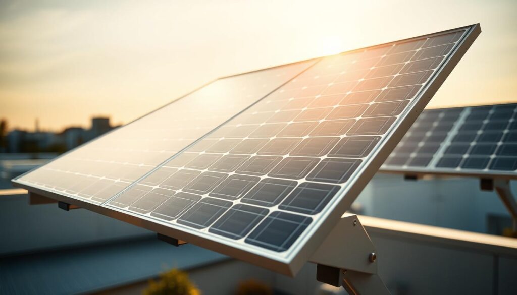 A well-lit, detailed close-up of a solar panel array optimized for maximum efficiency. The panels are mounted on a sleek, modern frame with adjustable angles, positioned to capture the sun's rays at the optimal angle. The solar cells have a glossy, reflective surface that captures light brilliantly. The background features a minimalist, urban landscape, emphasizing the panel's integration into a sustainable lifestyle. Warm, golden lighting creates a serene, contemplative atmosphere, highlighting the panel's role in powering an eco-friendly, off-grid existence. Technical details such as the panel's wattage, tilt, and orientation are subtly incorporated, conveying a sense of carefully considered design.