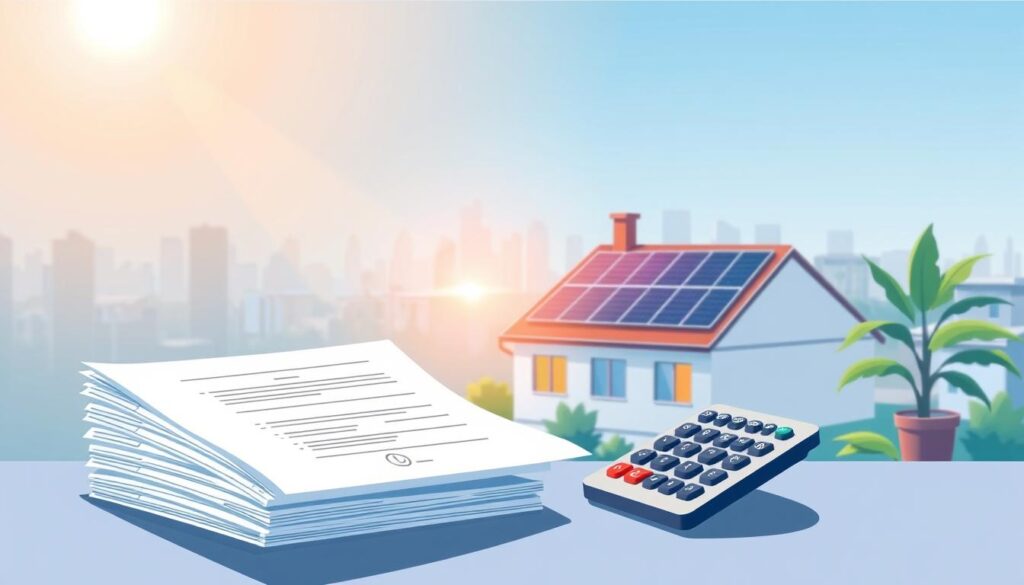 Detailed illustration of solar panel financial assistance program, showcasing various support options for homeowners. A bright, modern setting with a clean, minimalist aesthetic. In the foreground, a stack of documents and a calculator, representing the application process. In the middle ground, solar panels installed on a residential rooftop, casting a warm glow. The background features a city skyline, emphasizing the local community context. Soft lighting from above, creating a sense of professionalism and authority. Crisp, high-resolution rendering to convey the technical and practical nature of the subject matter.