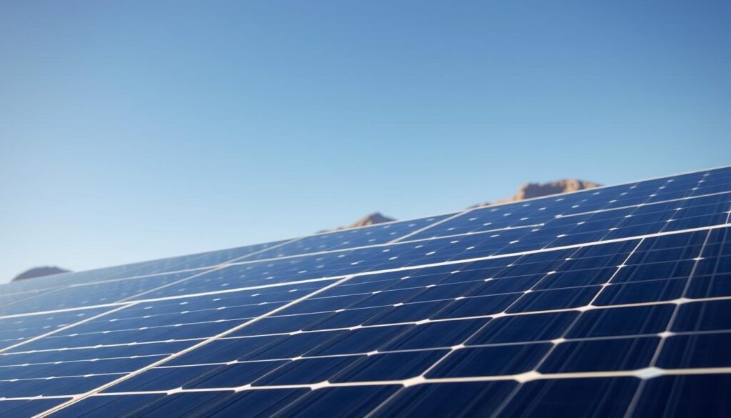A clean, modern solar panel installation set against a clear blue sky, capturing the advantages of monocrystalline solar technology. The foreground features a sleek, black monocrystalline solar panel, its surface glistening under warm, directional lighting. The middle ground showcases a well-organized array of identical panels, neatly arranged to maximize efficiency. The background depicts a picturesque, mountainous landscape, emphasizing the renewable and environmentally-friendly nature of the energy source. The overall scene conveys a sense of progress, innovation, and the positive impact of monocrystalline solar power.