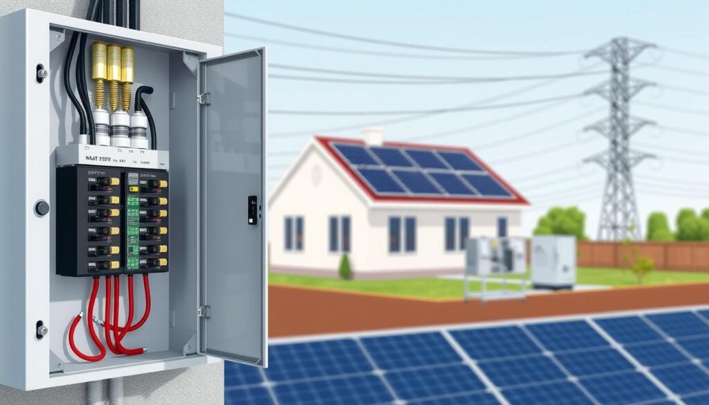A detailed, technical illustration of a solar power system installation and grid connection process. In the foreground, a close-up view of the electrical panel, showing the junction box, circuit breakers, and wiring connections. In the middle ground, a residential home with solar panels installed on the roof, with the power inverter and monitoring equipment visible. In the background, the electric utility pole and power lines, representing the grid integration. The scene is well-lit, with a clean, technical aesthetic to convey the professionalism and precision of the solar installation. The overall mood is one of efficiency, reliability, and sustainable energy integration. A detailed, technical illustration of a solar power system installation and grid connection process. In the foreground, a close-up view of the electrical panel, showing the junction box, circuit breakers, and wiring connections. In the middle ground, a residential home with solar panels installed on the roof, with the power inverter and monitoring equipment visible. In the background, the electric utility pole and power lines, representing the grid integration. The scene is well-lit, with a clean, technical aesthetic to convey the professionalism and precision of the solar installation. The overall mood is one of efficiency, reliability, and sustainable energy integration.