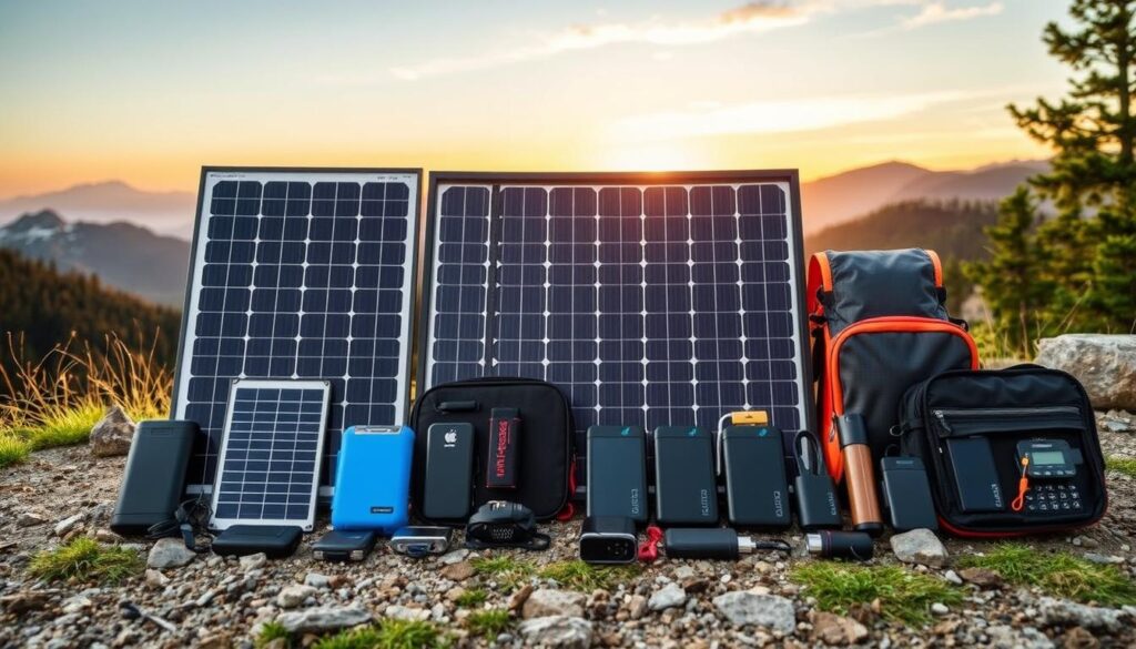 A high-quality, photorealistic image showcasing a comparative display of multiple portable solar kits. The foreground features the solar panels, power banks, and related accessories in a neat, organized arrangement, allowing for easy side-by-side comparison. The middle ground includes a natural outdoor setting, such as a campsite or hiking trail, to highlight the kits' versatility and portability. The background features a scenic landscape, with mountains, forests, or a sunset sky, creating a serene and adventurous atmosphere. The lighting is soft and natural, accentuating the details of the products. The overall composition is balanced and visually appealing, making it an ideal illustration for the "Comparaison des Meilleurs Kits Solaires Nomades" section of the article. A high-quality, photorealistic image showcasing a comparative display of multiple portable solar kits. The foreground features the solar panels, power banks, and related accessories in a neat, organized arrangement, allowing for easy side-by-side comparison. The middle ground includes a natural outdoor setting, such as a campsite or hiking trail, to highlight the kits' versatility and portability. The background features a scenic landscape, with mountains, forests, or a sunset sky, creating a serene and adventurous atmosphere. The lighting is soft and natural, accentuating the details of the products. The overall composition is balanced and visually appealing, making it an ideal illustration for the "Comparaison des Meilleurs Kits Solaires Nomades" section of the article.