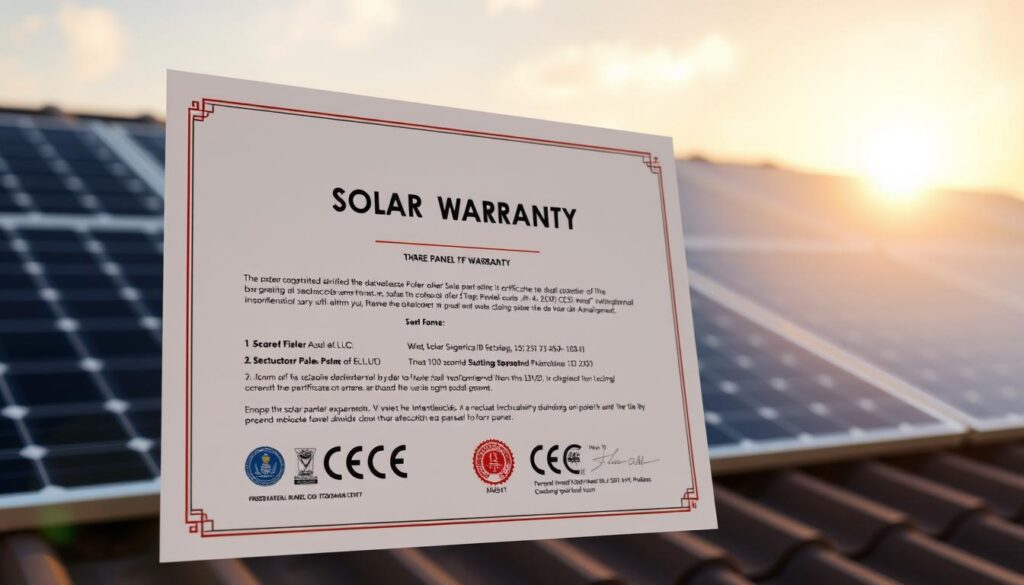 A high-resolution, photorealistic image of a three-phase solar panel warranty certificate. The certificate is displayed against a soft, blurred background of solar panels installed on a roof, with the sun shining in the distance. The certificate is prominently featured, showcasing the manufacturer's logo, warranty details, and certifications. The lighting is natural and even, highlighting the textures and fine details of the document. The composition places the certificate in the center, with the solar panels framing it in the background, conveying the importance of the warranty information to the overall solar panel installation.