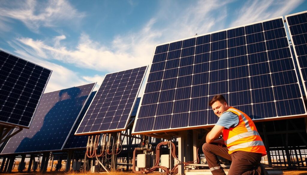 A large, industrial-style triphasic solar panel installation set against a backdrop of a blue sky with wispy clouds. The solar panels are mounted on a sturdy metal frame, their glossy black surfaces catching the sunlight and casting subtle reflections. The middle ground features a network of electrical conduits, junction boxes, and switches, conveying the technical complexity of the system. In the foreground, a technician in a safety vest kneels beside the panels, adjusting a component, their focused expression and precise movements highlighting the care and attention required for a proper installation. Warm, golden lighting filters through the scene, creating a sense of energy and efficiency. The overall composition emphasizes the scale, sophistication, and careful execution required for a successful triphasic solar panel installation.