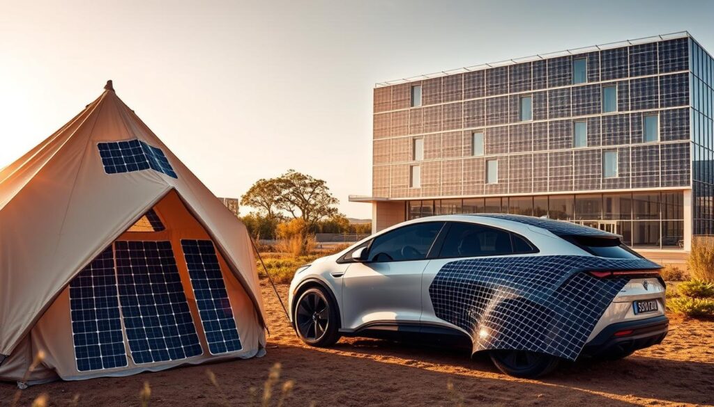 A panoramic view of various flexible solar panel applications, capturing their versatility and integration into diverse settings. In the foreground, a large outdoor canvas tent is adorned with flexible solar panels, harnessing the sun's energy for off-grid camping. In the middle ground, a sleek, futuristic-looking electric vehicle is outfitted with a seamless array of flexible solar cells, charging as it drives. In the background, a modern, energy-efficient building showcases a facade covered in flexible solar panels, blending seamlessly with the architecture. The scene is bathed in warm, natural lighting, highlighting the organic and adaptable nature of these flexible solar solutions.