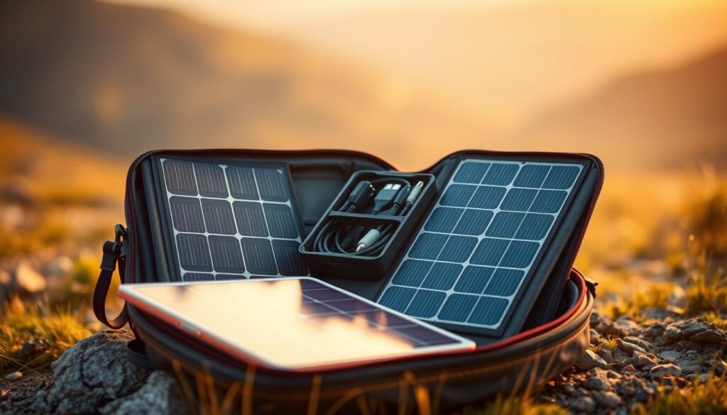 A portable, high-efficiency solar kit nestled in a rugged, weatherproof carrying case. The solar panels, folded neatly, cast a warm, ambient glow across the foreground. In the middle ground, charging cables and adapters are organized in a compact compartment, ready to power a variety of mobile devices. The background features a serene, natural landscape, hinting at the kit's versatility for off-grid adventures. Crisp, realistic textures and a balanced, golden-hour lighting scheme convey the kit's premium quality and practical design. A portable, high-efficiency solar kit nestled in a rugged, weatherproof carrying case. The solar panels, folded neatly, cast a warm, ambient glow across the foreground. In the middle ground, charging cables and adapters are organized in a compact compartment, ready to power a variety of mobile devices. The background features a serene, natural landscape, hinting at the kit's versatility for off-grid adventures. Crisp, realistic textures and a balanced, golden-hour lighting scheme convey the kit's premium quality and practical design.