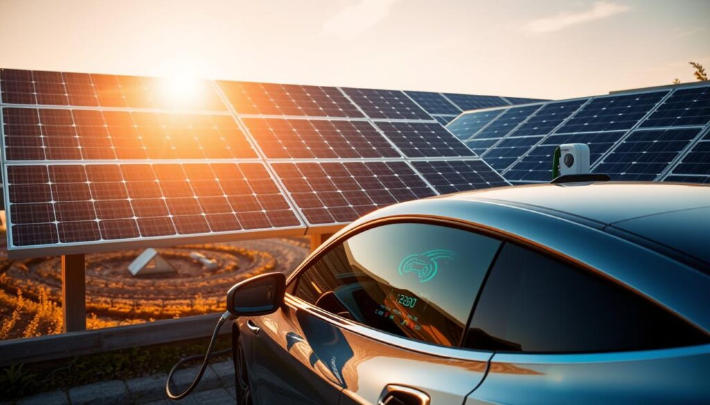 A sleek and modern electric vehicle charging from a solar panel array, bathed in warm, golden sunlight. The panels are positioned at an optimal angle, maximizing solar energy capture. The car's dashboard displays real-time charge levels, indicating efficient use of the renewable energy source. The scene conveys a sense of sustainability and environmental consciousness, with the car seamlessly integrating with the solar power system. The composition highlights the harmonious interplay between the electric car and the solar infrastructure, showcasing the potential for optimized solar recharging to enhance the driving range and self-sufficiency of electric vehicles.