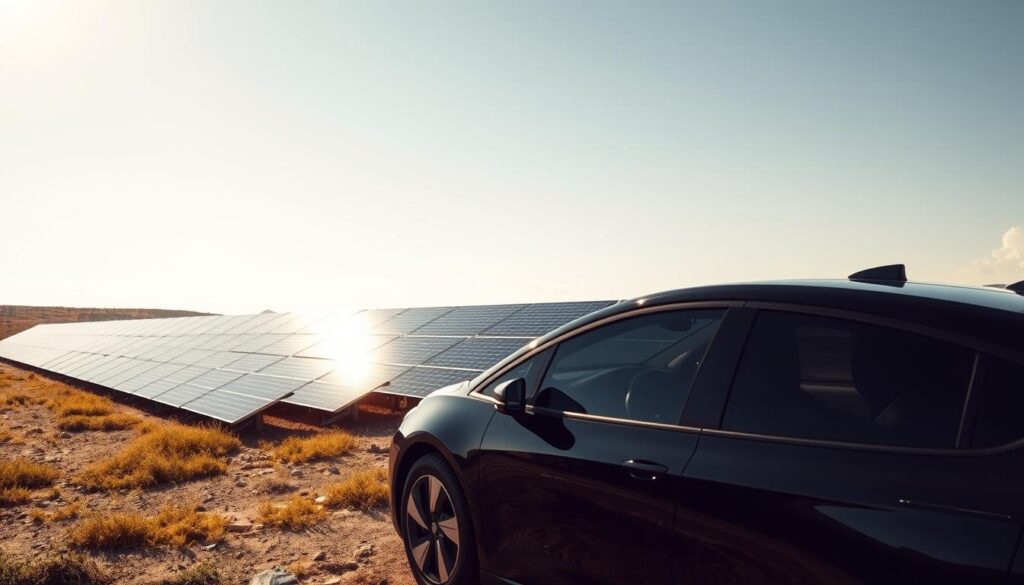 A sun-drenched landscape with a modern electric vehicle parked in the foreground, its sleek body reflected in the glossy surface of the car. In the middle ground, a series of highly efficient solar panels are neatly arranged, their angular silhouettes casting long shadows across the ground. The panels are meticulously calibrated, angled to capture the maximum sunlight, their surfaces gleaming under the bright, evenly diffused lighting. The background features a cloudless sky, creating a serene and tranquil atmosphere, emphasizing the harmony between the vehicle, the solar panels, and the natural environment.