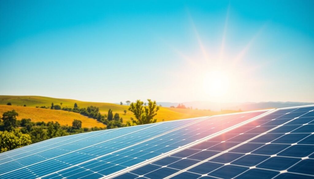 A sun-drenched outdoor scene featuring a well-positioned solar panel array. The panels are tilted at an optimal angle, capturing the sun's rays efficiently. The foreground showcases the solar panels, their sleek, modern design accentuated by crisp shadows and highlights. The middle ground features a lush, verdant landscape, with gently rolling hills and swaying trees providing a natural backdrop. In the distance, a clear blue sky stretches out, enhancing the sense of openness and tranquility. The lighting is balanced, with a warm, golden glow illuminating the scene and emphasizing the panel's ability to harness the sun's energy. The overall composition conveys a sense of harmony between technology and nature, highlighting the importance of proper solar panel orientation for maximizing energy production. A sun-drenched outdoor scene featuring a well-positioned solar panel array. The panels are tilted at an optimal angle, capturing the sun's rays efficiently. The foreground showcases the solar panels, their sleek, modern design accentuated by crisp shadows and highlights. The middle ground features a lush, verdant landscape, with gently rolling hills and swaying trees providing a natural backdrop. In the distance, a clear blue sky stretches out, enhancing the sense of openness and tranquility. The lighting is balanced, with a warm, golden glow illuminating the scene and emphasizing the panel's ability to harness the sun's energy. The overall composition conveys a sense of harmony between technology and nature, highlighting the importance of proper solar panel orientation for maximizing energy production.