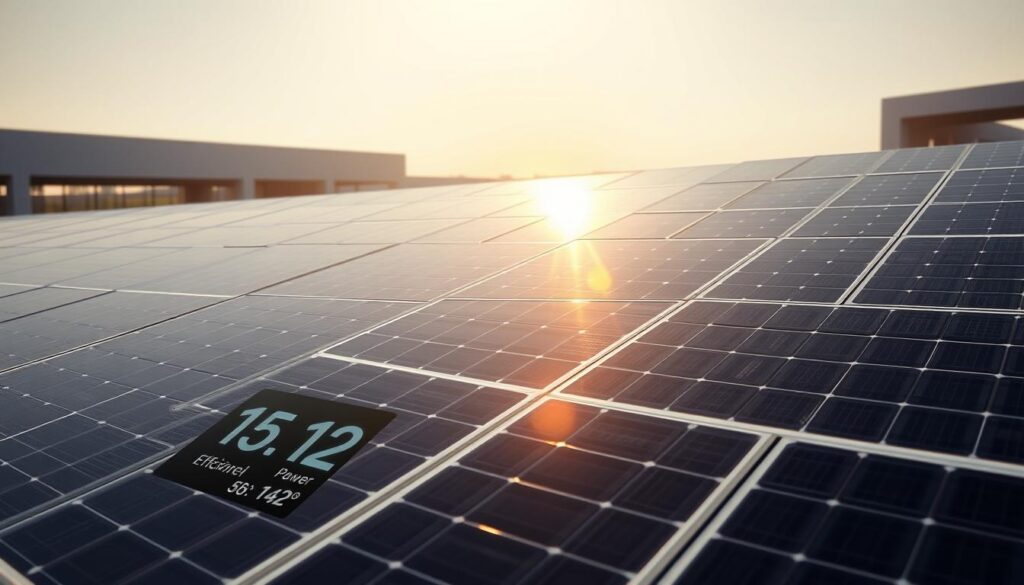 A detailed, high-resolution image of a crystalline solar panel array, with a clean, modern aesthetic. The panels are neatly arranged, casting sharp shadows on the ground. Sunlight streams in from the upper left, creating a warm, golden glow across the scene. The panel surfaces have a subtle, reflective sheen, highlighting their polished, efficient design. In the foreground, a digital display shows the panel's current power output and efficiency metrics, providing a technical focus. The background is a minimalist, architectural landscape, emphasizing the panel's integration into modern infrastructure. The overall mood is one of precision, sustainability, and technological innovation.