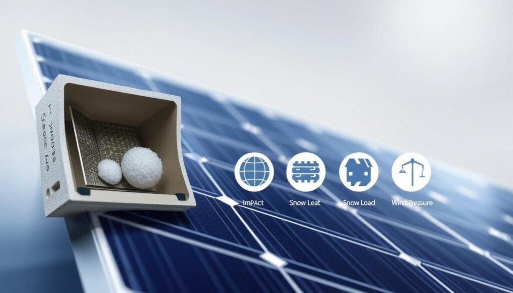 A detailed technical illustration of IEC (International Electrotechnical Commission) standards for solar panel durability. In the foreground, a cross-section of a solar panel showcases its internal construction, highlighting the protective layers and materials used to withstand environmental factors such as hail. In the middle ground, a series of test icons depict the various IEC certification procedures, including impact resistance, snow load, and wind pressure. The background features a subtle grid-like pattern, conveying a sense of technical precision and engineering rigor. The lighting is crisp and evenly distributed, emphasizing the clean, functional aesthetic of the scene. The overall tone is one of authoritative expertise, reflecting the importance of standards in ensuring the reliability and longevity of solar power technology.