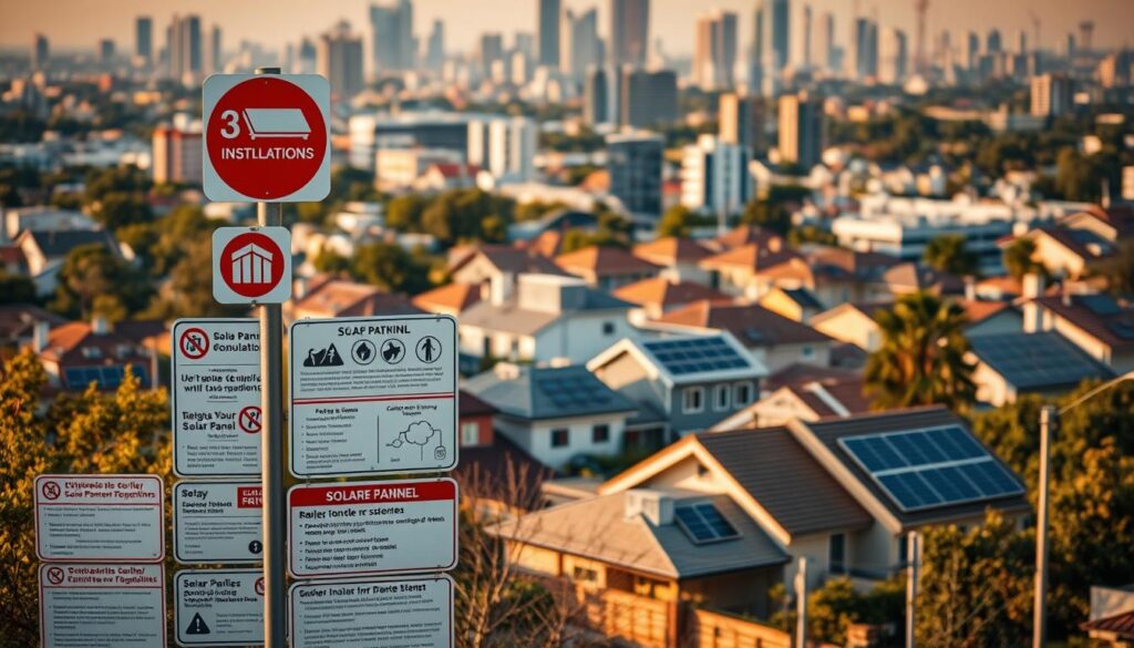 A detailed urban landscape with solar panel installation regulations signage. In the foreground, a neatly organized display of various informational signs about solar panel placement rules and guidelines. In the middle ground, a residential neighborhood with houses featuring well-integrated solar panel systems. In the background, a modern cityscape with skyscrapers and infrastructure. The scene is bathed in warm, natural lighting, creating a sense of harmony between the built environment and renewable energy technologies. The overall composition emphasizes the importance of urban planning considerations for optimal solar panel integration and deployment.