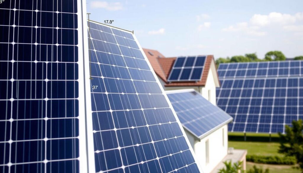 A detailed, well-lit solar panel installation diagram with a clean, technical aesthetic. In the foreground, a large solar panel is prominently displayed, with precise measurements and dimensions annotated. In the middle ground, a house or building is shown, with the solar panel mounted on the roof at a specific angle and orientation. In the background, a grid of additional solar panels can be seen, showcasing a complete solar energy system. The image conveys a sense of precision, efficiency, and the importance of proper solar panel placement and installation for optimal energy production.