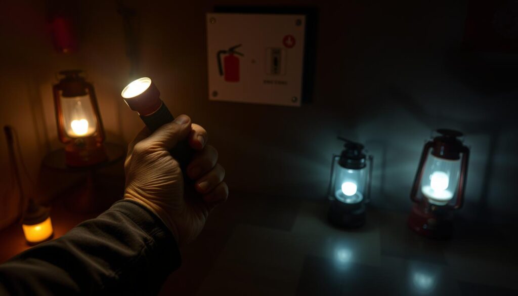 A dimly lit room with shadows cast across the floor, illuminated by the glow of emergency lanterns. In the foreground, a weathered hand reaches for a battery-powered flashlight, its beam cutting through the darkness. On the wall, a prominent emergency panel displays simple, iconic safety symbols - a fire extinguisher, a first aid kit, and a circuit breaker. The atmosphere is one of preparedness and calm, conveying the essential safety measures one must take during a power outage.