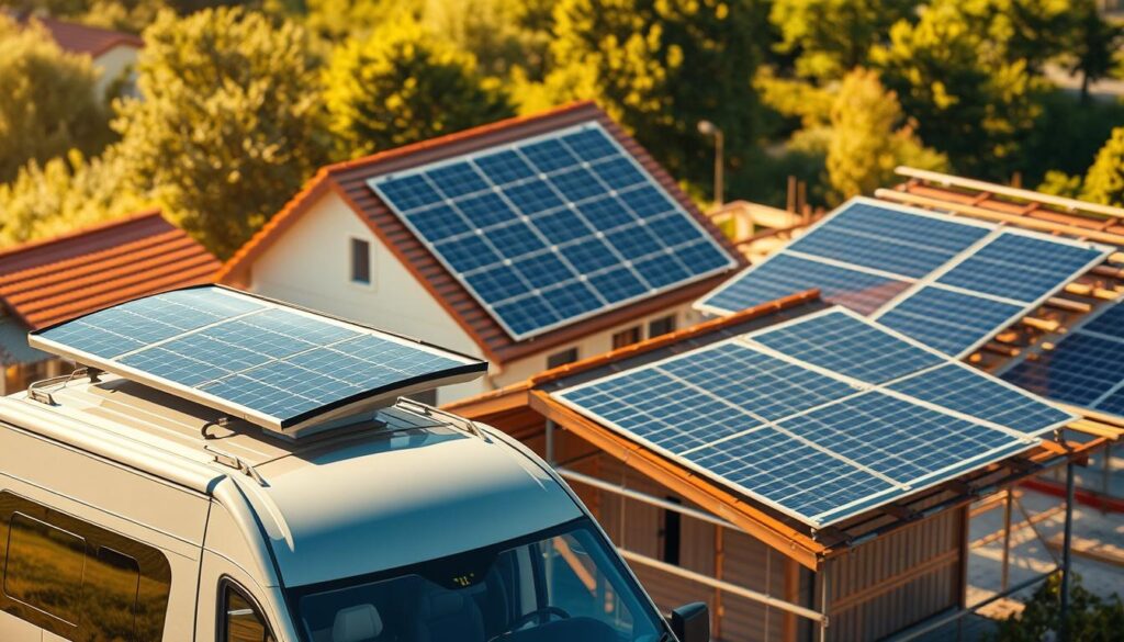 A dynamic scene showcasing the versatile applications of flexible solar panels. In the foreground, a compact, curved solar panel is seamlessly integrated into the roof of a camper van, harnessing the sun's energy to power its interior. In the middle ground, a large, flexible solar array unfurls across the slanted roof of a residential home, efficiently converting sunlight into renewable electricity. In the background, a construction site features flexible solar mats laid across a scaffolding structure, demonstrating their adaptability to diverse settings. The scene is bathed in warm, golden sunlight, accentuating the panels' sleek, lightweight designs and highlighting their practical, real-world usage. Crisp, high-resolution details and a sense of depth create an immersive, visually striking depiction of the various utilisations of flexible solar technology.