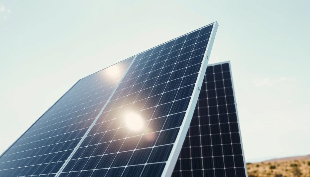 A pair of sleek, vertically-oriented bifacial solar panels stand prominently against a bright, cloudless sky. The panels' dual-sided design allows them to capture sunlight from both the front and rear, maximizing their energy output. The metal frames have a modern, minimalist aesthetic, integrating seamlessly with the panels. Sunlight dapples across the surface, creating subtle highlights and shadows that accentuate the panels' intricate textures. In the foreground, the panels are angled to optimize their exposure, while the background features a clean, uncluttered landscape that allows the solar array to take center stage. The overall scene conveys a sense of efficient, sustainable power generation in a natural setting.