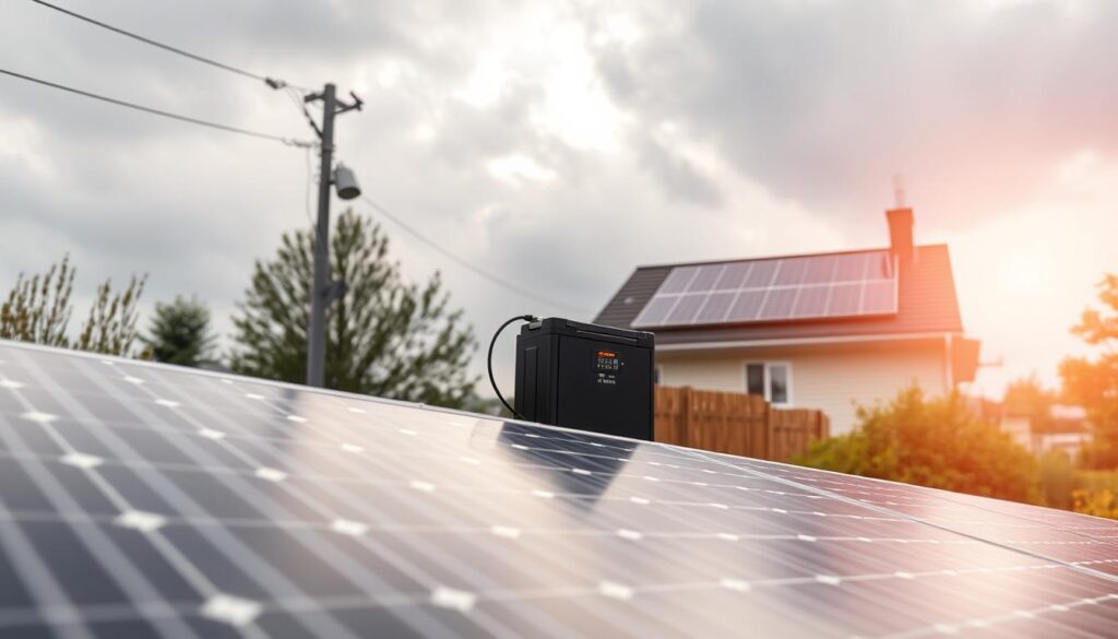 A solar installation after a power outage, with the sun's rays breaking through overcast skies. In the foreground, a well-maintained solar panel array, its panels gleaming as they come back online, their connection to the grid restored. In the middle ground, a compact battery storage system, its indicator lights blinking as it begins recharging. In the background, a residential or small commercial building, its rooftop solar panels now operational, providing self-sufficient power. The scene conveys a sense of resilience and self-reliance, as the solar system rapidly recovers from the disruption, ensuring continuous, renewable energy for the building.
