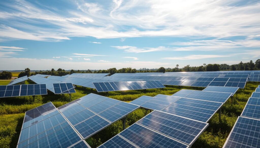 A sun-drenched field of sleek, polycrystaline solar panels, their reflective surfaces gleaming in the warm light. The panels are arranged in a neat grid, casting long shadows that stretch across the lush, verdant landscape. In the background, a clear blue sky dotted with wispy clouds, creating a serene and tranquil atmosphere. The camera is positioned slightly elevated, offering a sweeping, panoramic view that showcases the efficiency and versatility of these solar energy solutions. The overall scene conveys a sense of clean, renewable power and the benefits of embracing sustainable technologies.
