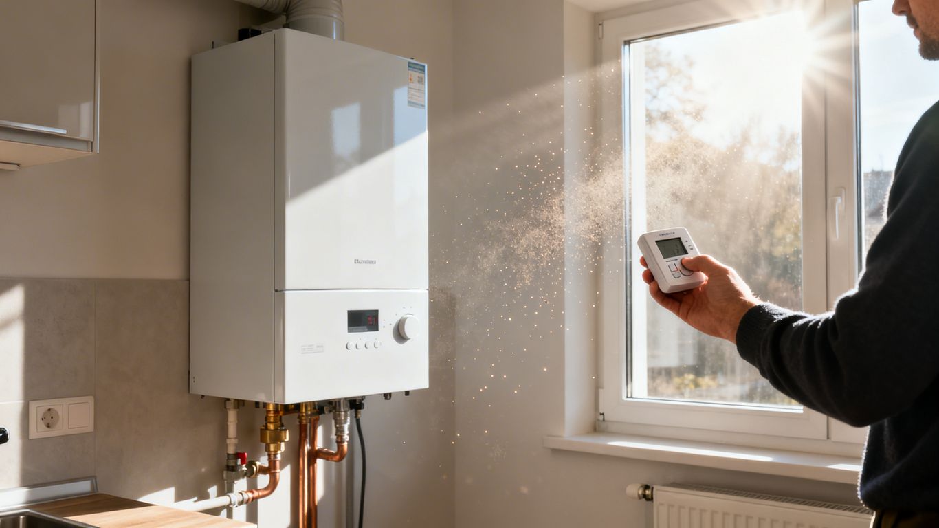 Chaudière à gaz moderne et thermostat dans une maison.