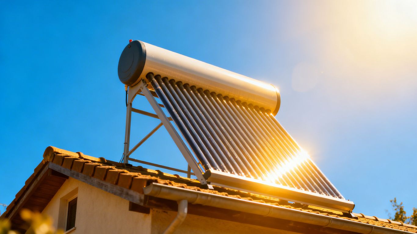 Panneaux de chauffe-eau solaire sur un toit ensoleillé.