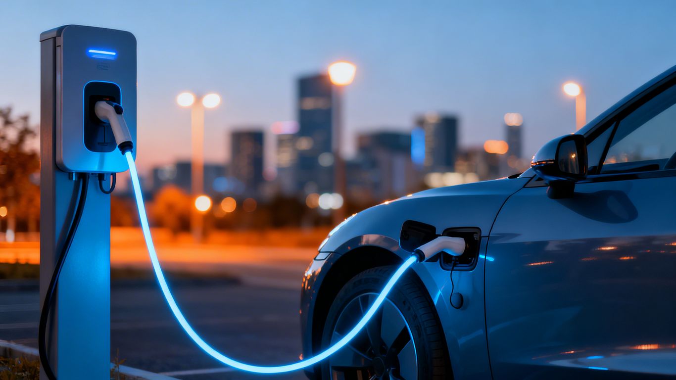 Voiture électrique en charge avec câble lumineux.