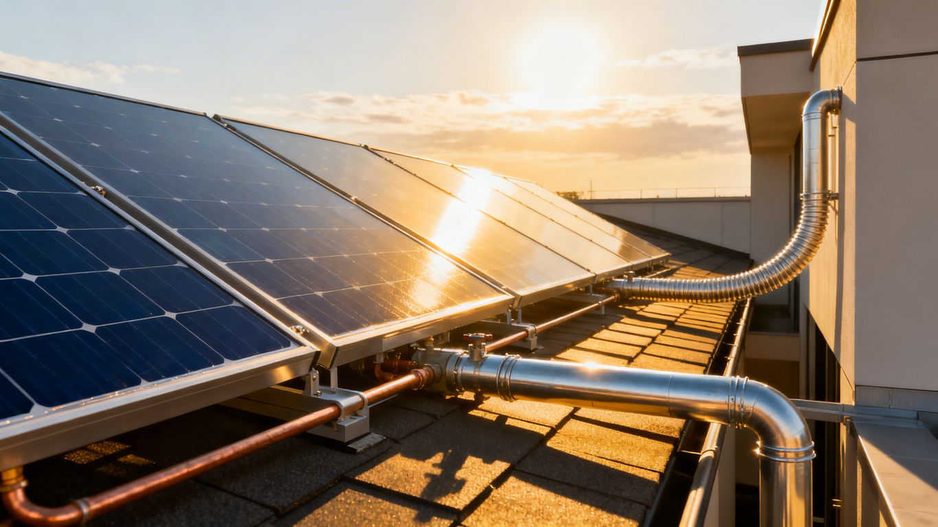 Panneaux solaires thermiques sur un toit sous le soleil.