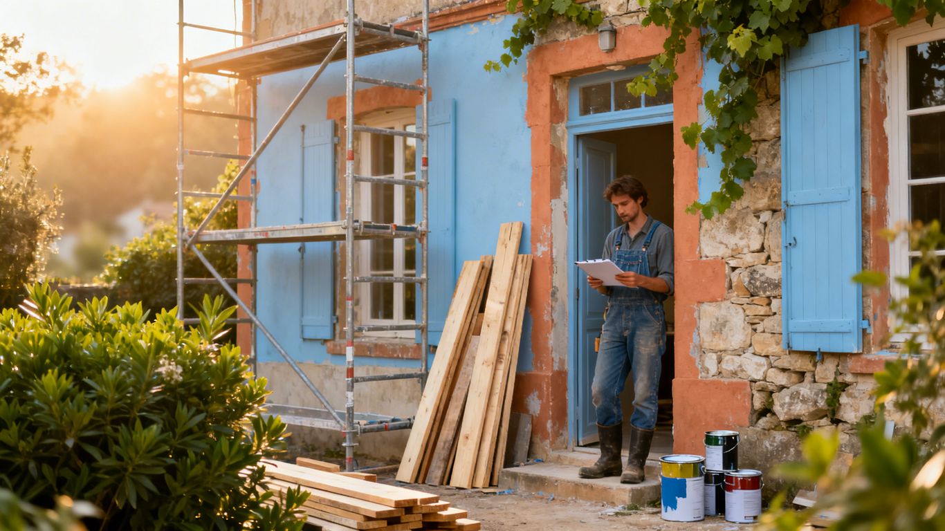 Maison en France en cours de rénovation avec un ouvrier.